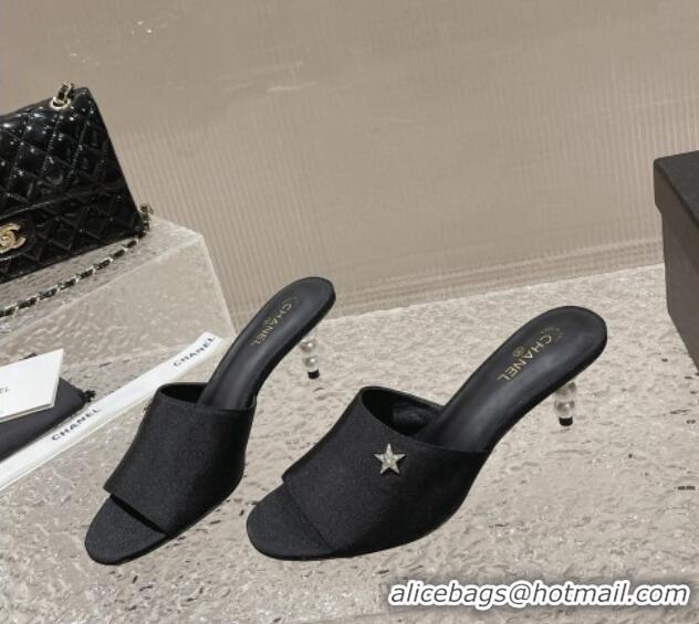 Unique Style Chanel Fabric Heel Slide Sandals 5.5cm with Crystal Star and Pearls Black 619157