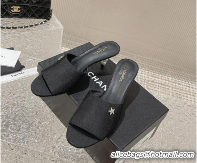 Unique Style Chanel Fabric Heel Slide Sandals 5.5cm with Crystal Star and Pearls Black 619157