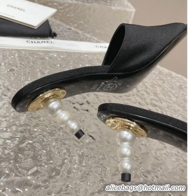 Unique Style Chanel Fabric Heel Slide Sandals 5.5cm with Crystal Star and Pearls Black 619157