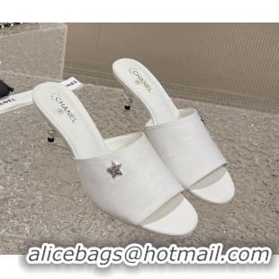 Shop Duplicate Chanel Fabric Heel Slide Sandals 5.5cm with Crystal Star and Pearls White 619156