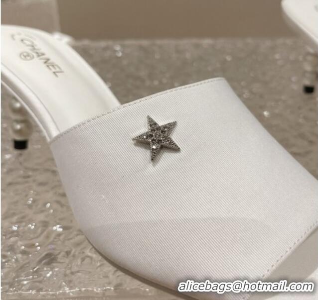 Shop Duplicate Chanel Fabric Heel Slide Sandals 5.5cm with Crystal Star and Pearls White 619156