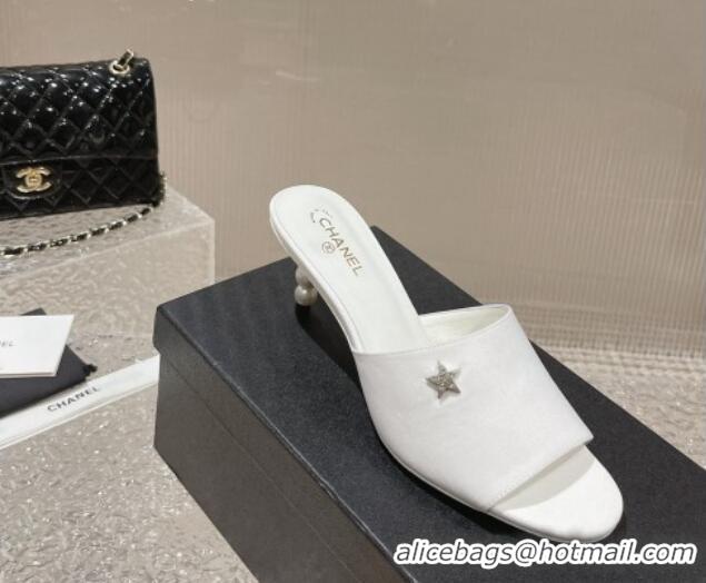 Shop Duplicate Chanel Fabric Heel Slide Sandals 5.5cm with Crystal Star and Pearls White 619156