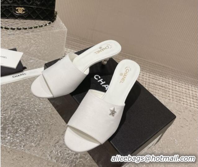 Shop Duplicate Chanel Fabric Heel Slide Sandals 5.5cm with Crystal Star and Pearls White 619156