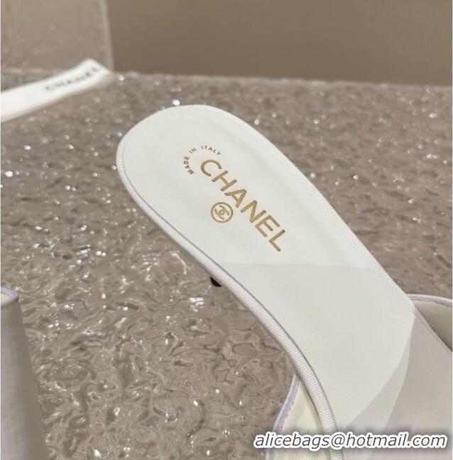 Shop Duplicate Chanel Fabric Heel Slide Sandals 5.5cm with Crystal Star and Pearls White 619156