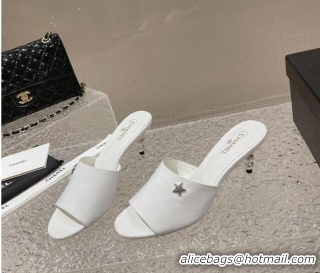 Shop Duplicate Chanel Fabric Heel Slide Sandals 5.5cm with Crystal Star and Pearls White 619156