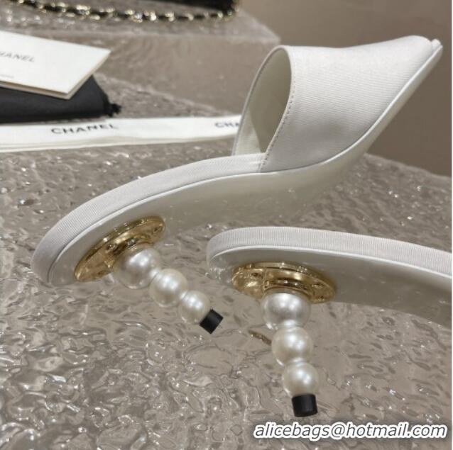 Shop Duplicate Chanel Fabric Heel Slide Sandals 5.5cm with Crystal Star and Pearls White 619156