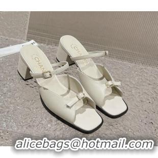 Popular Style Chanel Lambskin Heel Slide Sandals 5.5cm with Crystal Buckle White 619158