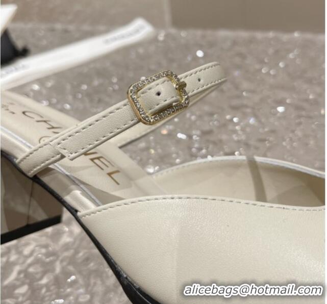 Popular Style Chanel Lambskin Heel Slide Sandals 5.5cm with Crystal Buckle White 619158