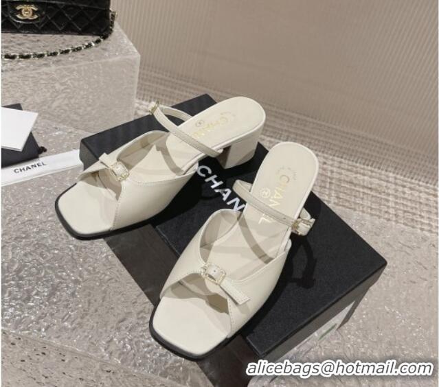 Popular Style Chanel Lambskin Heel Slide Sandals 5.5cm with Crystal Buckle White 619158