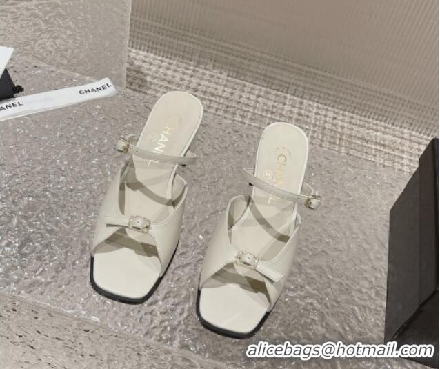 Popular Style Chanel Lambskin Heel Slide Sandals 5.5cm with Crystal Buckle White 619158