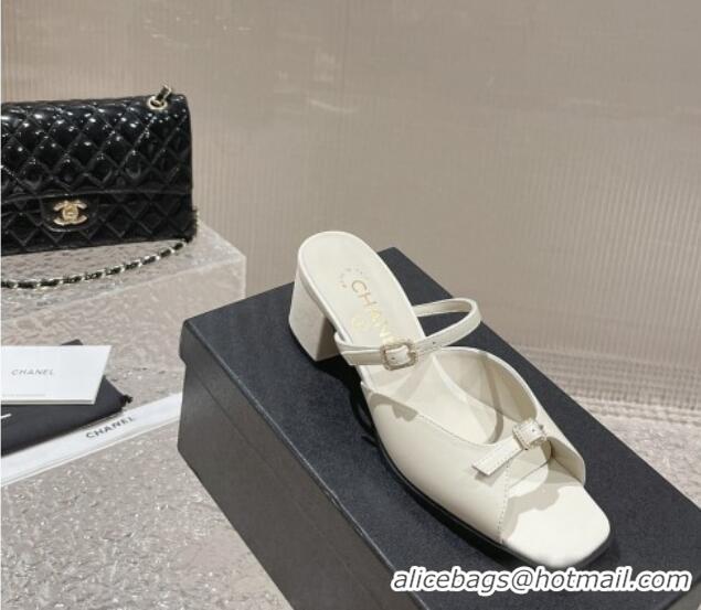 Popular Style Chanel Lambskin Heel Slide Sandals 5.5cm with Crystal Buckle White 619158