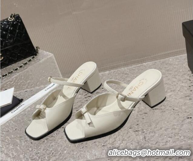 Popular Style Chanel Lambskin Heel Slide Sandals 5.5cm with Crystal Buckle White 619158