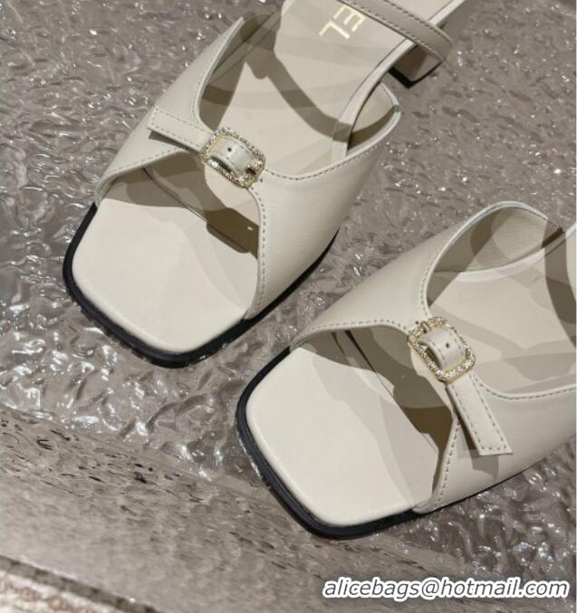 Popular Style Chanel Lambskin Heel Slide Sandals 5.5cm with Crystal Buckle White 619158