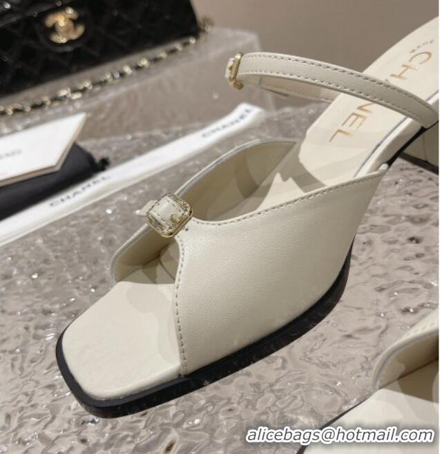 Popular Style Chanel Lambskin Heel Slide Sandals 5.5cm with Crystal Buckle White 619158