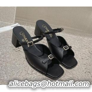 Charming Chanel Lambskin Heel Slide Sandals 5.5cm with Crystal Buckle Black 619159