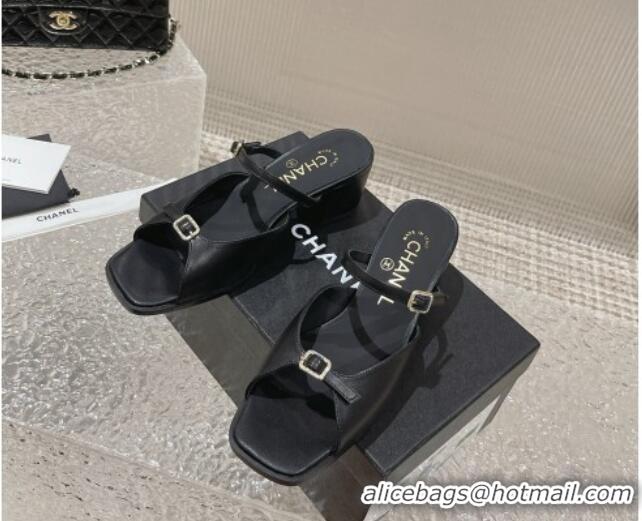 Charming Chanel Lambskin Heel Slide Sandals 5.5cm with Crystal Buckle Black 619159