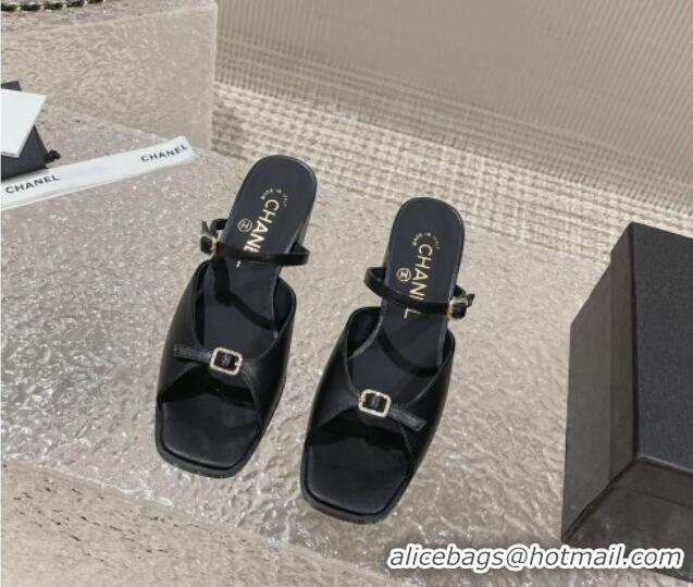 Charming Chanel Lambskin Heel Slide Sandals 5.5cm with Crystal Buckle Black 619159