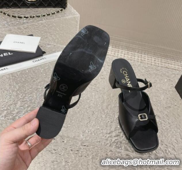 Charming Chanel Lambskin Heel Slide Sandals 5.5cm with Crystal Buckle Black 619159