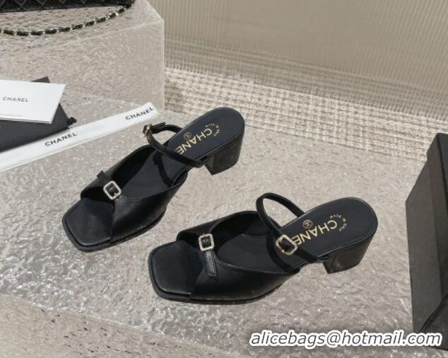 Charming Chanel Lambskin Heel Slide Sandals 5.5cm with Crystal Buckle Black 619159