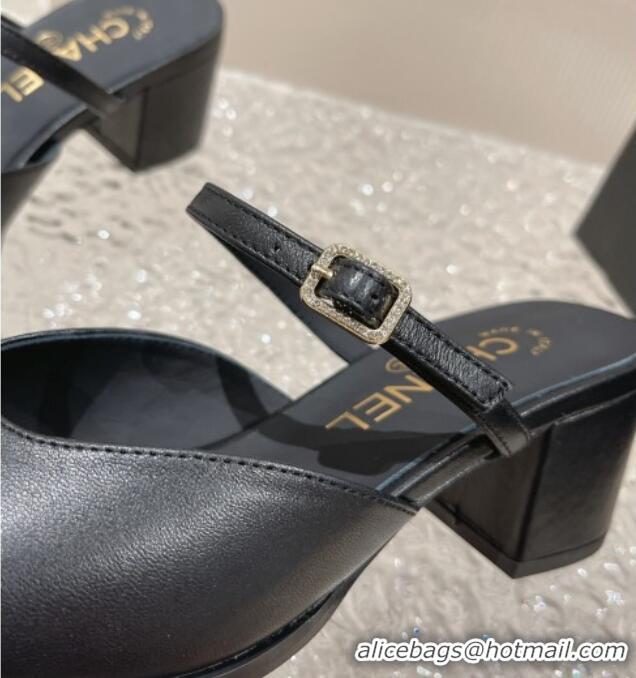 Charming Chanel Lambskin Heel Slide Sandals 5.5cm with Crystal Buckle Black 619159