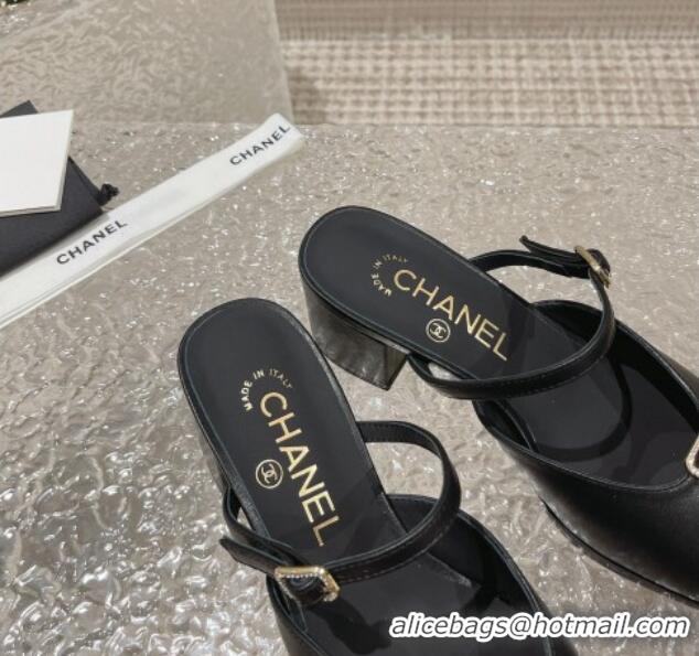 Charming Chanel Lambskin Heel Slide Sandals 5.5cm with Crystal Buckle Black 619159