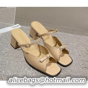 Discount Chanel Lambskin Heel Slide Sandals 5.5cm with Crystal Buckle Beige 619160