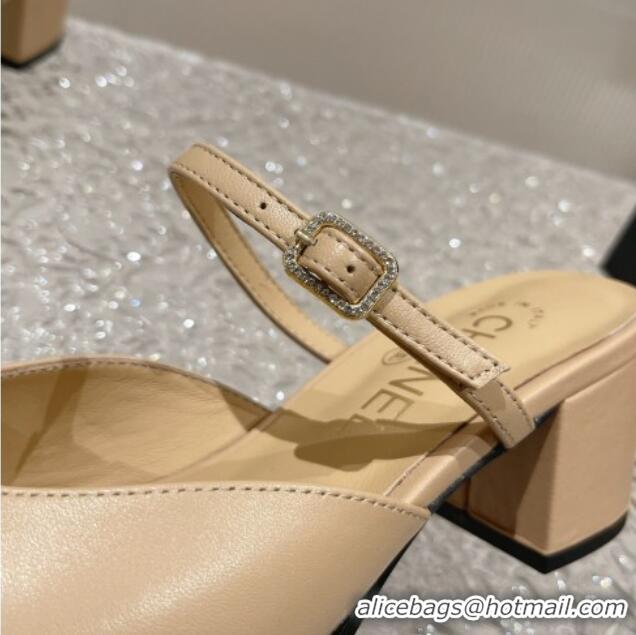 Discount Chanel Lambskin Heel Slide Sandals 5.5cm with Crystal Buckle Beige 619160