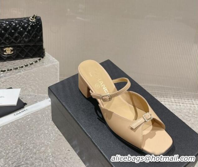 Discount Chanel Lambskin Heel Slide Sandals 5.5cm with Crystal Buckle Beige 619160