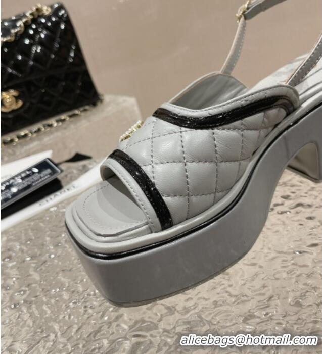 1:1 aaaaa Chanel Lambskin & Patent Calfskin Platform Sandals 7.5cm G45009 Grey