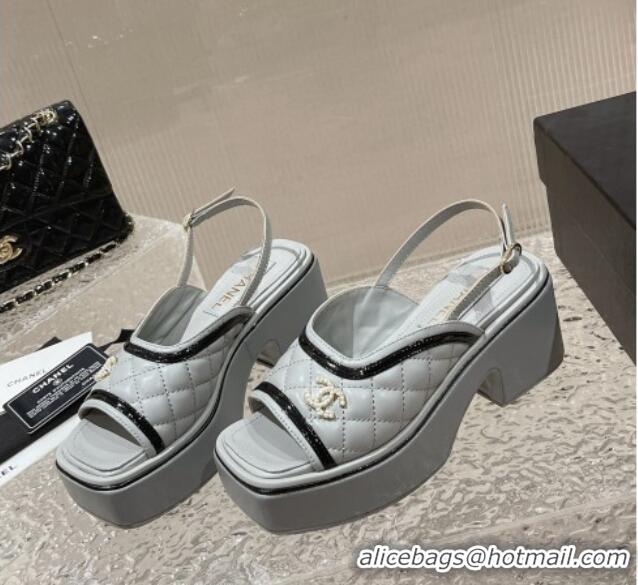 1:1 aaaaa Chanel Lambskin & Patent Calfskin Platform Sandals 7.5cm G45009 Grey