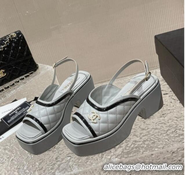 1:1 aaaaa Chanel Lambskin & Patent Calfskin Platform Sandals 7.5cm G45009 Grey