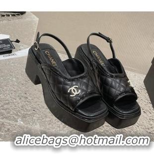 Luxury Chanel Lambskin & Patent Calfskin Platform Sandals 7.5cm G45009 Black