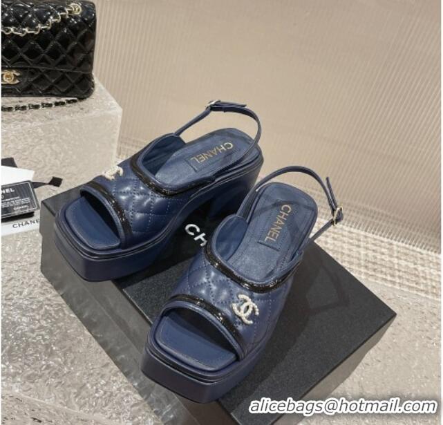 Good Quality Chanel Lambskin & Patent Calfskin Platform Sandals 7.5cm G45009 Navy Blue