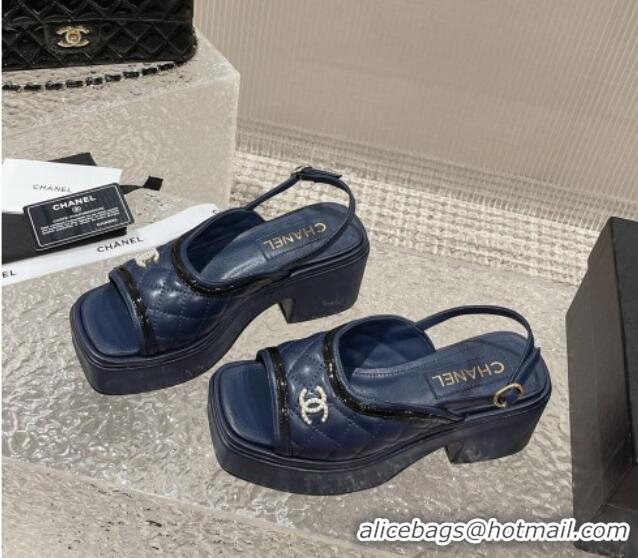 Good Quality Chanel Lambskin & Patent Calfskin Platform Sandals 7.5cm G45009 Navy Blue