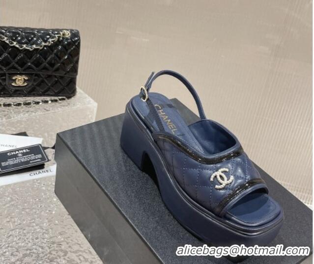 Good Quality Chanel Lambskin & Patent Calfskin Platform Sandals 7.5cm G45009 Navy Blue