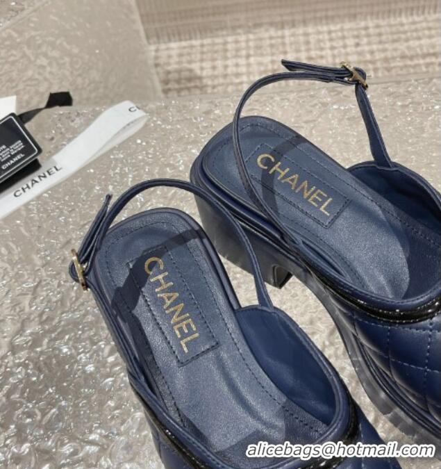 Good Quality Chanel Lambskin & Patent Calfskin Platform Sandals 7.5cm G45009 Navy Blue