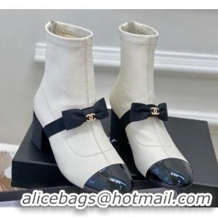 Duplicate Chanel Stretch Lambskin Short Ankle Boots 5.5cm with Bow G40099 White