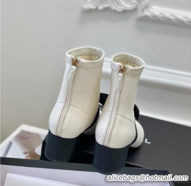 Duplicate Chanel Stretch Lambskin Short Ankle Boots 5.5cm with Bow G40099 White