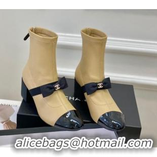 Top Design Chanel Stretch Lambskin Short Ankle Boots 5.5cm with Bow G40099 Beige