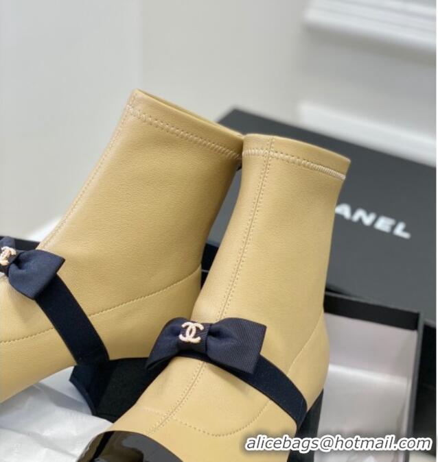 Top Design Chanel Stretch Lambskin Short Ankle Boots 5.5cm with Bow G40099 Beige