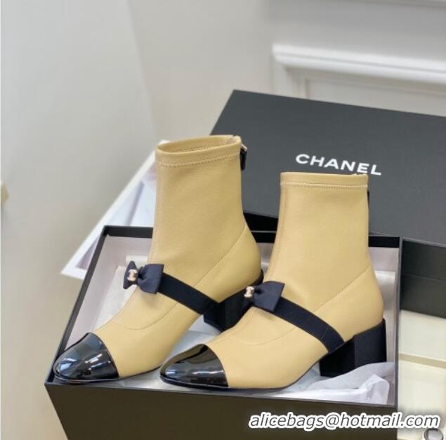 Top Design Chanel Stretch Lambskin Short Ankle Boots 5.5cm with Bow G40099 Beige