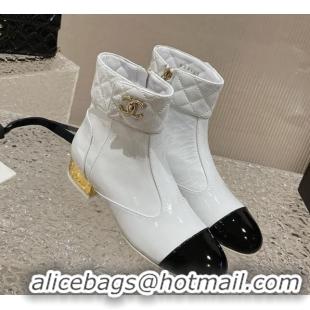 Stylish Chanel Patent Calfskin Short Ankle Boots 3cm with CC Stud G39736 White