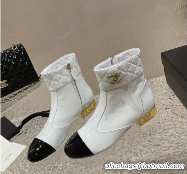 Stylish Chanel Patent Calfskin Short Ankle Boots 3cm with CC Stud G39736 White