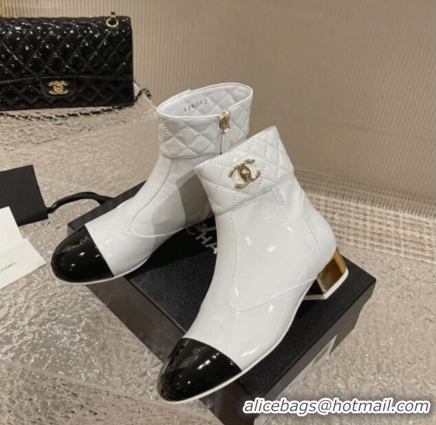 Stylish Chanel Patent Calfskin Short Ankle Boots 3cm with CC Stud G39736 White