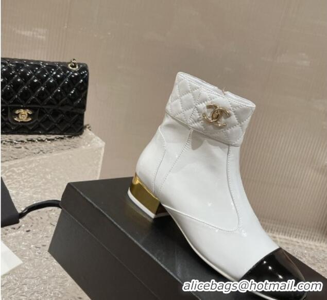 Stylish Chanel Patent Calfskin Short Ankle Boots 3cm with CC Stud G39736 White