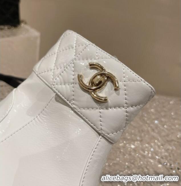 Stylish Chanel Patent Calfskin Short Ankle Boots 3cm with CC Stud G39736 White