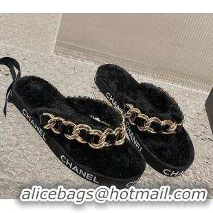 Sophisticated Chanel Furry Thong Flat Slide Sandals with Chain Black 619172