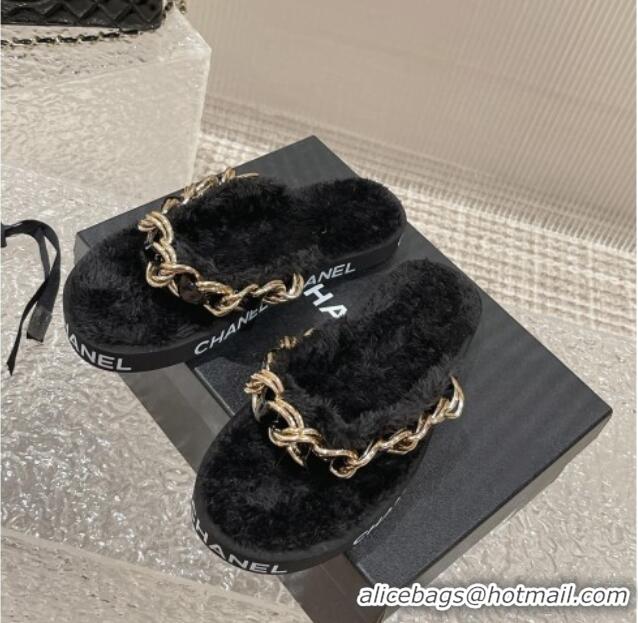 Sophisticated Chanel Furry Thong Flat Slide Sandals with Chain Black 619172