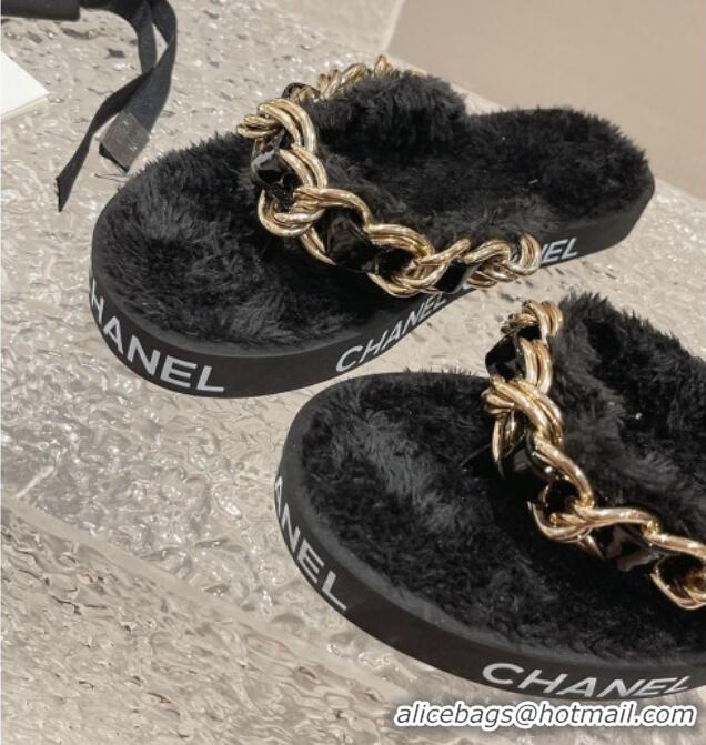 Sophisticated Chanel Furry Thong Flat Slide Sandals with Chain Black 619172