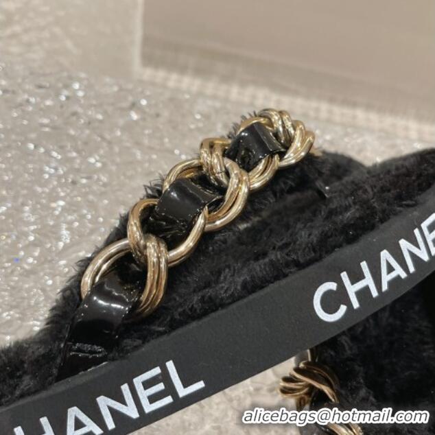 Sophisticated Chanel Furry Thong Flat Slide Sandals with Chain Black 619172